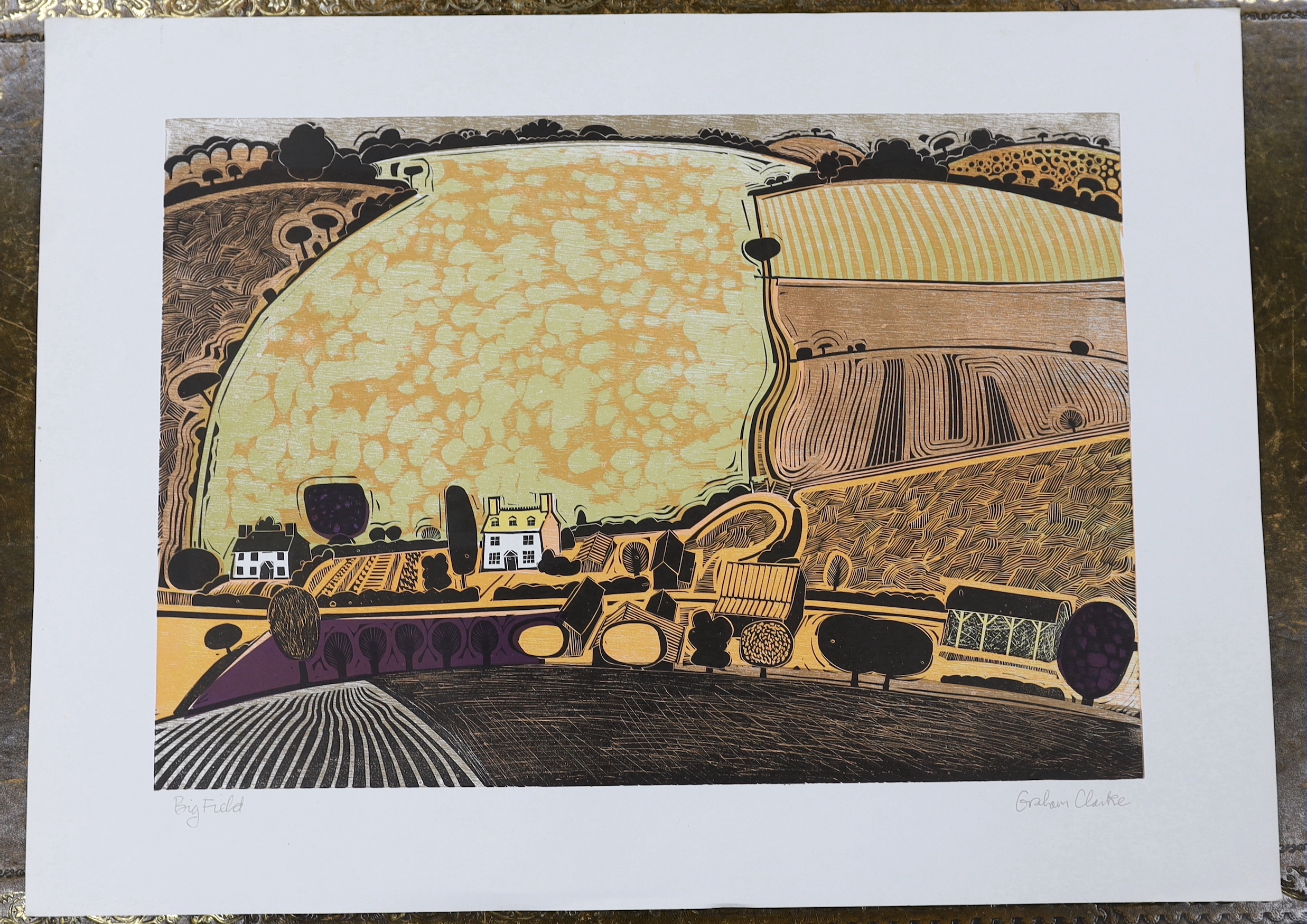 Graham Clarke (b.1947), colour blockprint, 'Big Field', 56 x 77cm, unframed